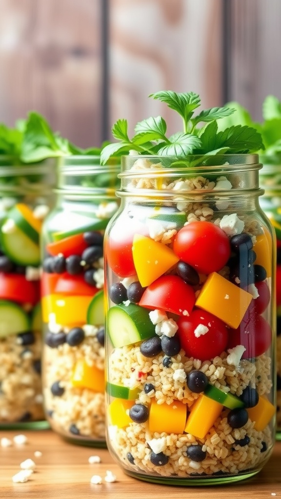 Colorful quinoa salad jars with layers of fresh vegetables and herbs, placed on a rustic wooden table.